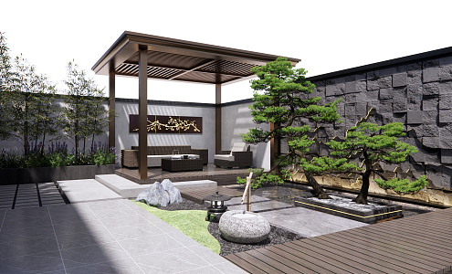 New Chinese style courtyard garden withered landscape courtyard landscape wall pavilion stone rockery bamboo wall outdoor sofa 3d model