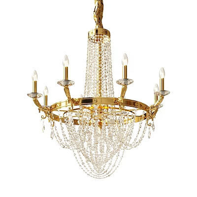 Elegant Crystal Chandelier With Gold Frame Candle Shaped Lights And Crystal Pendants 3d model
