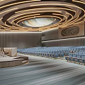 Modern Conference Room Interior Design With Large Screen Rows of Seats And Circular Ceiling Lights