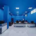 Modern Monitoring Room Interior With Blue Walls Ceiling Multiple Workstations Black Sofas And Windows