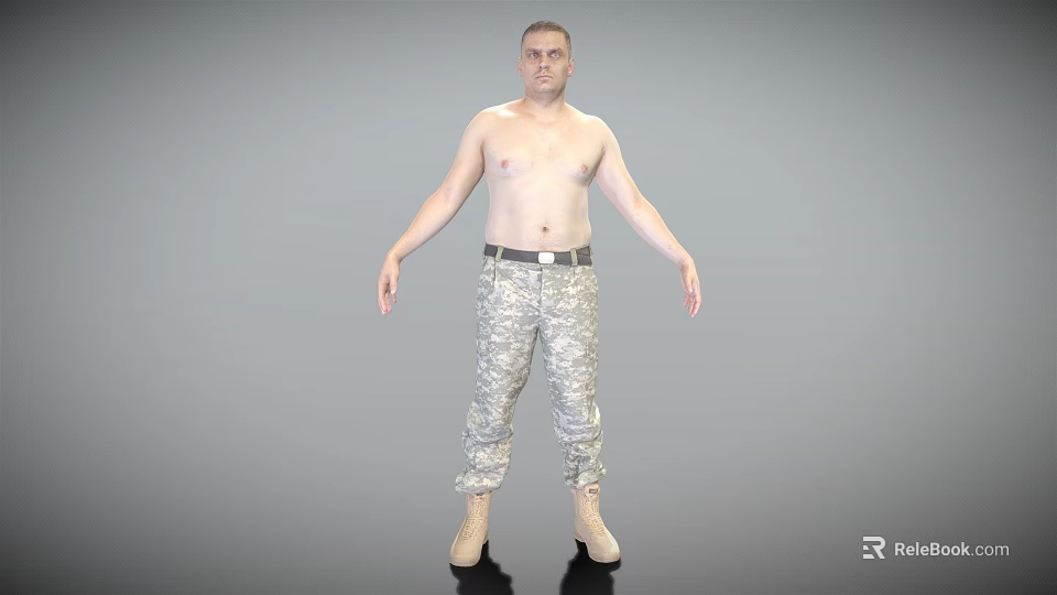 Shirtless Man Wearing Camouflage Pants And Boots Standing In Neutral Pose Against Gray Background 3d model 