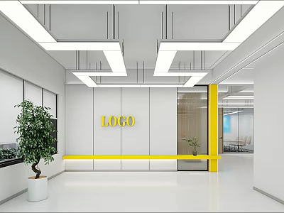 Modern Public Office Space With White Ceiling Pendant Lights And Yellow Logo Wall 3d model