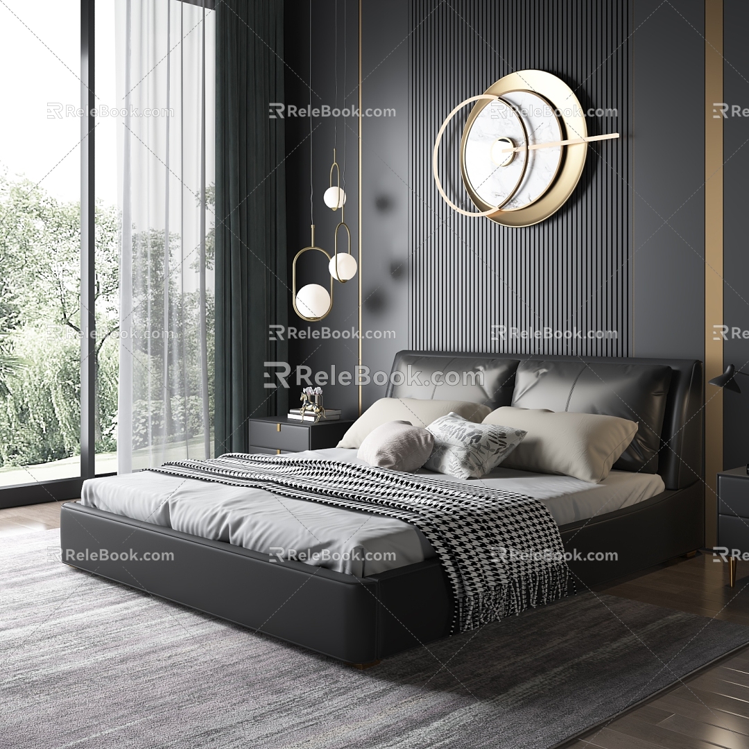 Black Leather Bed Retro Ink Bedroom Minimalist Leather Double Bed Bedside Cabinet Carpet Chandelier Wall Decoration Jewelry 3d model