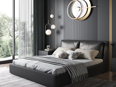 Black Leather Bed Retro Ink Bedroom Minimalist Leather Double Bedside Cabinet Carpet Chandelier Wall Decoration Jewelry 3d model