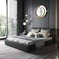 Black Leather Bed Retro Ink Bedroom Minimalist Leather Double Bed Bedside Cabinet Carpet Chandelier Wall Decoration Jewelry 3d model