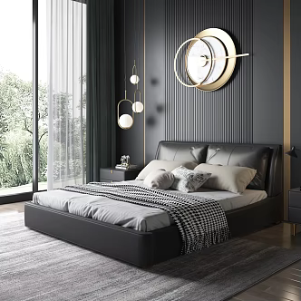Black Leather Bed Retro Ink Bedroom Minimalist Leather Double Bedside Cabinet Carpet Chandelier Wall Decoration Jewelry 3d model