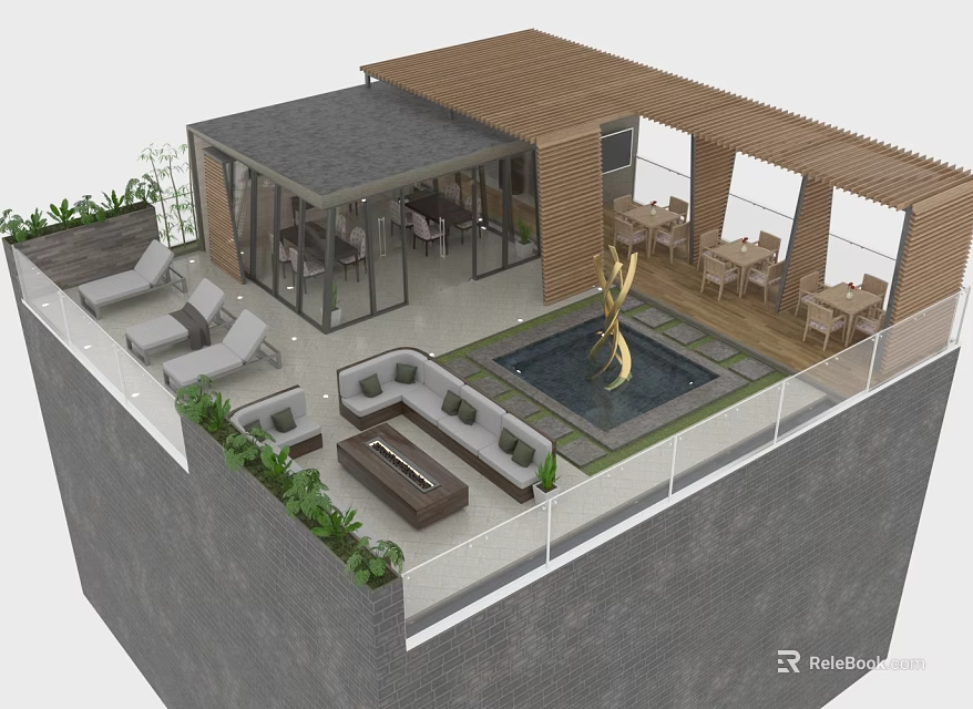 Outdoor Terrace Design With Seating Area Water Pool Sculpture Wooden Structure And Plants 3d model 