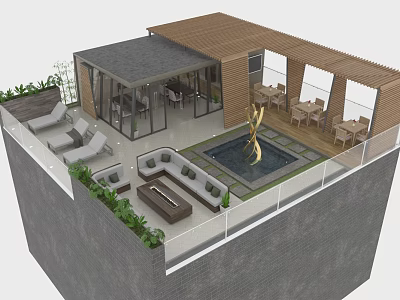 Outdoor Terrace Design With Seating Area Water Pool Sculpture Wooden Structure And Plants 3d model