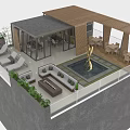 Outdoor Terrace Design With Seating Area Water Pool Sculpture Wooden Structure And Plants