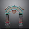 Ornate Decorative Archway With Horns Diamond Emblem Turquoise Pink Accents And Geometric Pattern Pillars