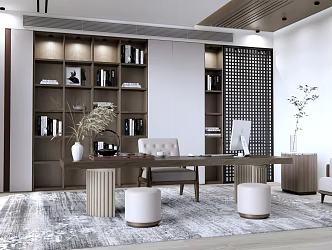 Modern Office Manager Office Desk and Chair Tea Room Tea Table Study Room Background Wall Bookcase Sofa Indoor Potted Plant 3d model