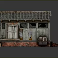Old Wooden Building With Weathered Tile Roof Broken Windows Red Base And Stone Steps