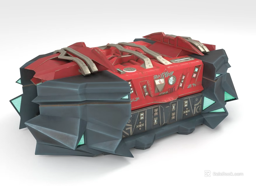 Red And Black Sci Fi Mechanical Device With Green Luminous Accents And Armored Structure 3d model