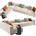 Beige Multi Person Sectional Sofa With Green Brown Checkered Cushions And Side Table