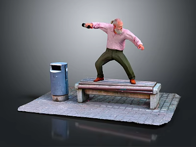 Outdoor Scene With Elderly Man Standing On Bench Trash Can And Brick Paved Ground 3d model