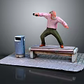 Outdoor Scene With Elderly Man Standing On Bench Trash Can And Brick Paved Ground