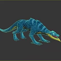 Blue And Yellow Fantasy Reptilian Creature 3D Model With Open Mouth Sharp Teeth Standing Pose