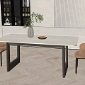 Modern Dining Table Set With White Top Black Frame Beige Leather Chairs And Decorative Shelf