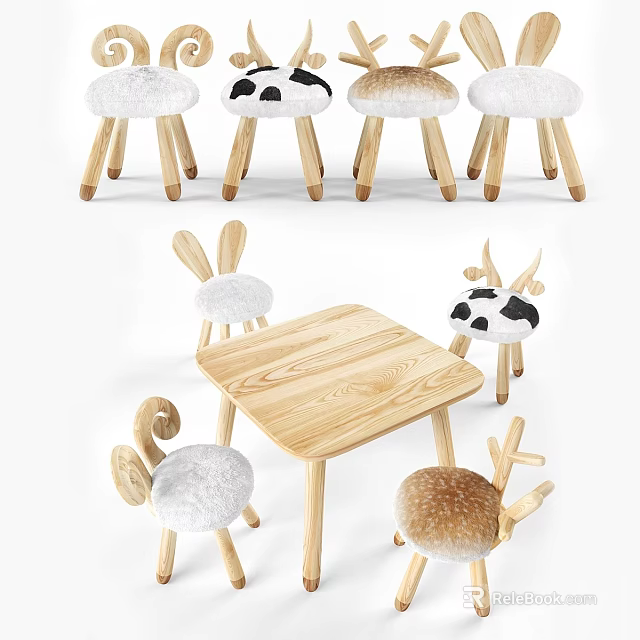 Cute Kids Wooden Table and Chairs Set With Animal Shaped Seats and Padded Cushions 3d model 