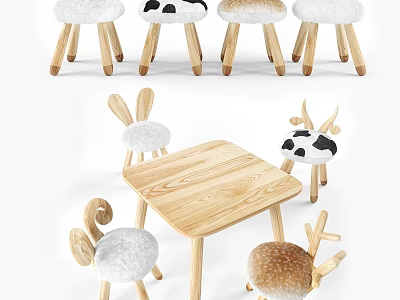 Cute Kids Wooden Table and Chairs Set With Animal Shaped Seats and Padded Cushions 3d model