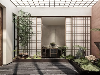 Serene Japanese Style Clubhouse with Courtyard Bamboo and Wooden Lattice Design 3d model
