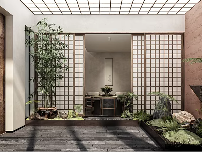 Serene Japanese Style Clubhouse with Courtyard Bamboo and Wooden Lattice Design 3d model