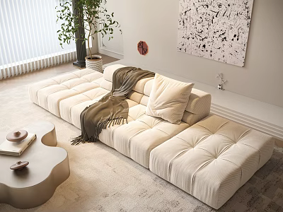 Modern Beige Sofa Coffee Table Set With Throw Blanket Abstract Art And Indoor Plant 3d model