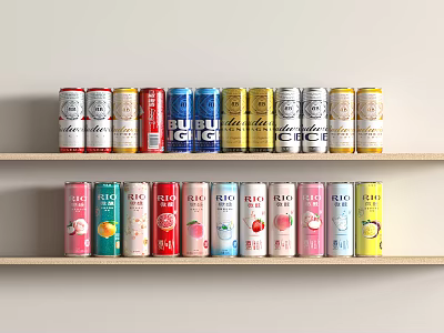 Colorful Canned Beverages Arranged on Wooden Shelves with BIG CHE ELIX and Other Brand Labels 3d model