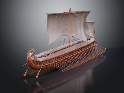 Ancient Wooden Ship With White Sails And Multiple Oars On Long Hull Structure 3d model