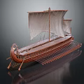 Ancient Wooden Ship With White Sails And Multiple Oars On Long Hull Structure 3d model