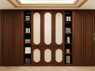 Contemporary Dark Brown Wardrobe Featuring Oval Beige Panels and Open Shelves with Books Decor Items 3d model