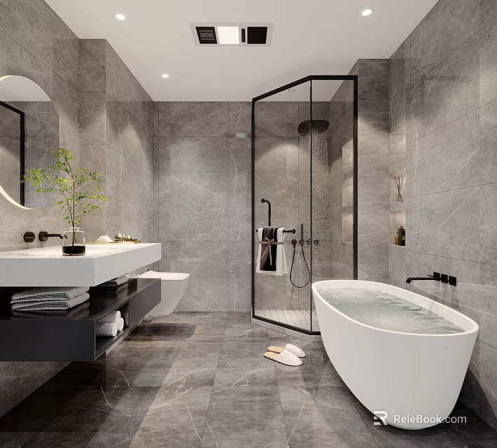 Modern Bathroom Interior Design With White Bathtub Glass Shower And Gray Marble Walls 3d model 