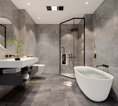 Modern Bathroom Interior Design With White Bathtub Glass Shower And Gray Marble Walls 3d model