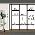 Modern Black Metal Shelving Unit With Multiple Shelves Decorative Items And Green Plants In Interior