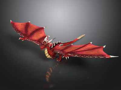 3D Rendered Red Dragon With Spread Wings And Sharp Spikes On Dark Background 3d model