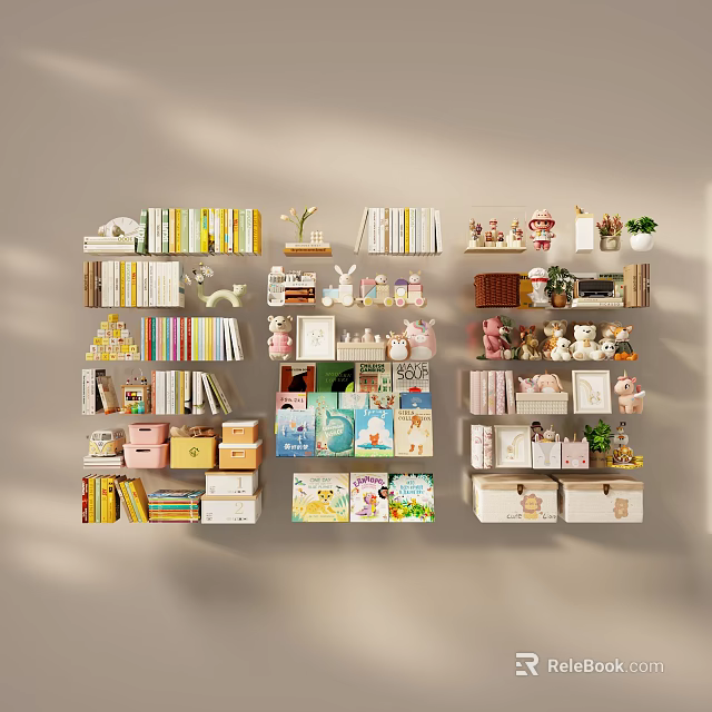 Colorful Books and Magazines on Wall Mounted Shelf with Small Ornaments Dolls and Plants 3d model 