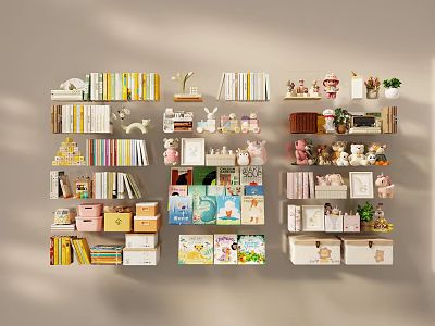 Colorful Books and Magazines on Wall Mounted Shelf with Small Ornaments Dolls and Plants 3d model