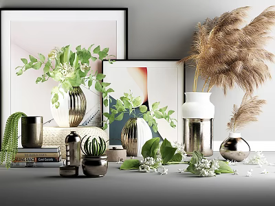 Stylish Decorative Ornament Set With Green Plants Vases Picture Frames And Pampas Grass 3d model