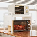 Decorative Ornament Combination With White Double Layer Rack Oven Microwave And Kitchen Food