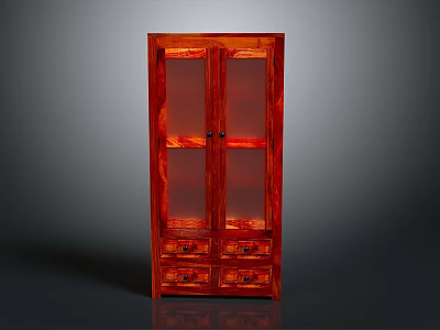 Elegant Red Wooden Storage Cabinet With Glass Panel Doors And Bottom Drawers 3d model