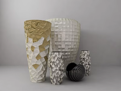 Artistic Ceramic Vessels With Geometric Patterns Textured Surfaces Various Sizes And Gold White Black Tones 3d model