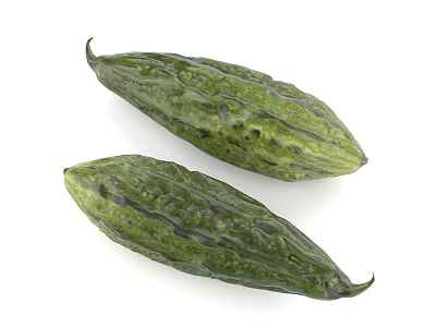Fresh Green Bitter Melon Vegetables With Bumpy Texture On White Background 3d model