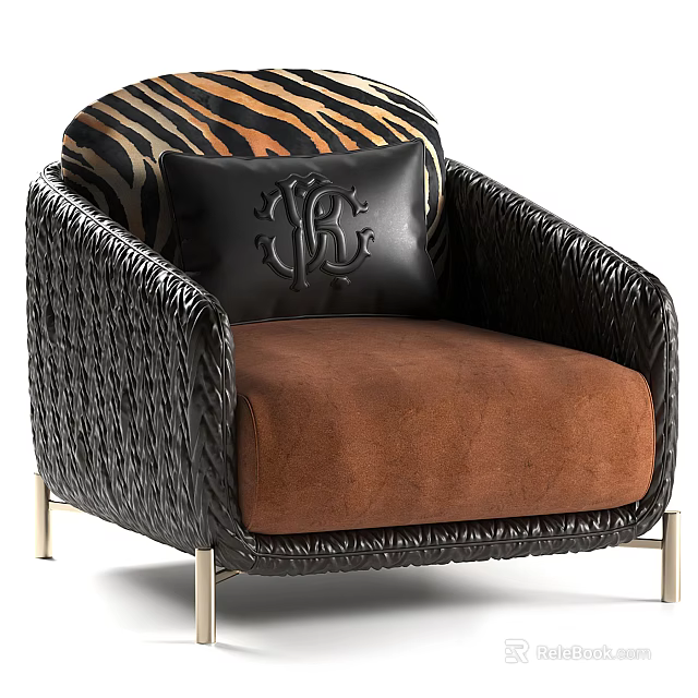 Stylish Single Sofa With Woven Design Black Frame Brown Cushion Zebra Print Pillow And Metal Legs 3d model 