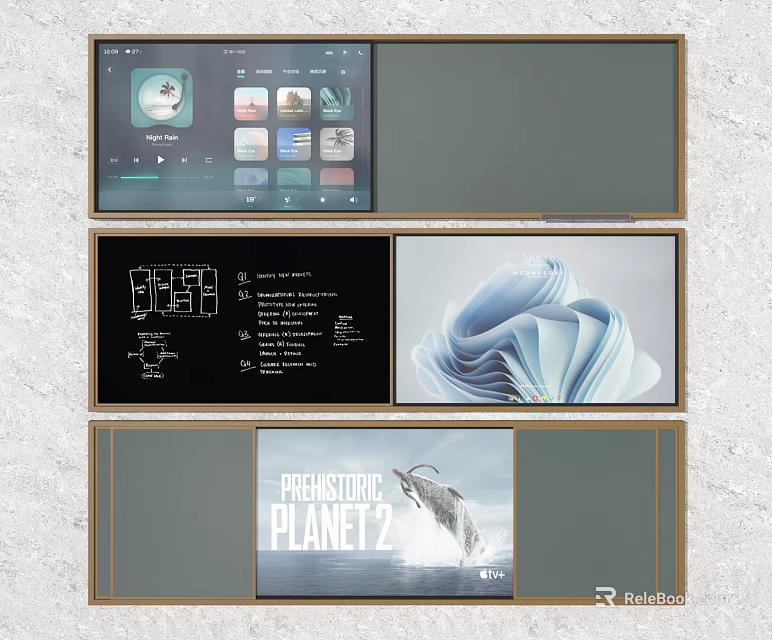 Decorative Wall Featuring Framed Digital Screens Abstract Design Text And Poster Displays 3d model 