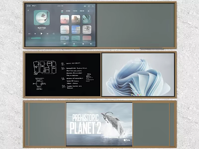 Decorative Wall Featuring Framed Digital Screens Abstract Design Text And Poster Displays 3d model