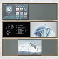 Decorative Wall Featuring Framed Digital Screens Abstract Design Text And Poster Displays