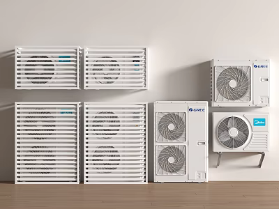 Modern Interior Display Of Multiple Air Conditioner Fans Different Styles Wall Mounted And Standing 3d model