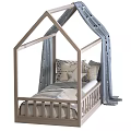 Wooden House Shaped Children's Bed with Gray Curtains Star Decorations and Pillows