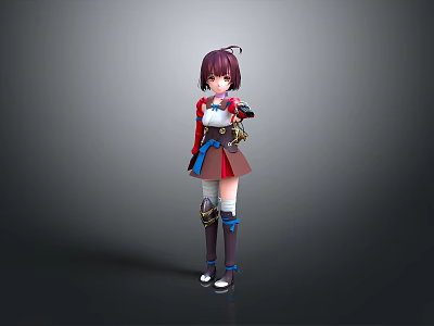 Anime Style Female Character With Purple Hair Red And White Outfit 3D Model Blue Accents 3d model