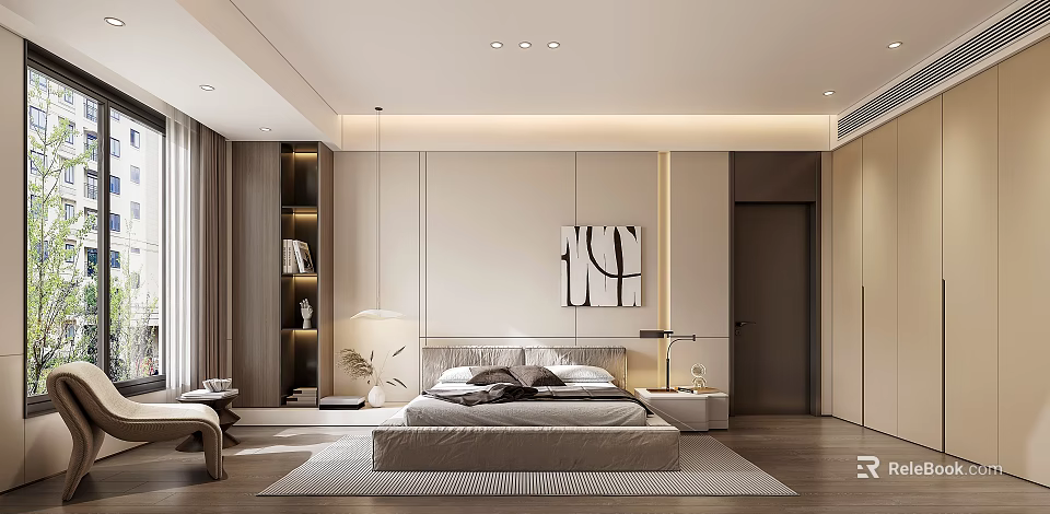 Modern Bedroom Interior With Comfortable Bed Decorative Artwork And Soft Rug 3d model